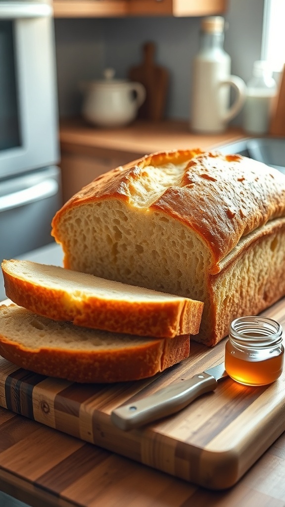 A loaf of honey sandwich bread sliced on a cutting board with honey jar and knife.
